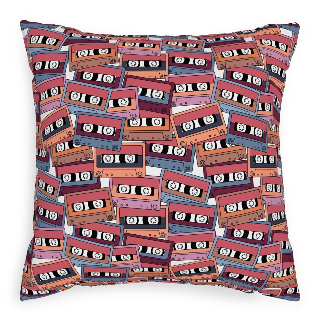 Retro Audio Tape Cassette Pillow, Woven, White, 20x20, Double Sided, Multicolor