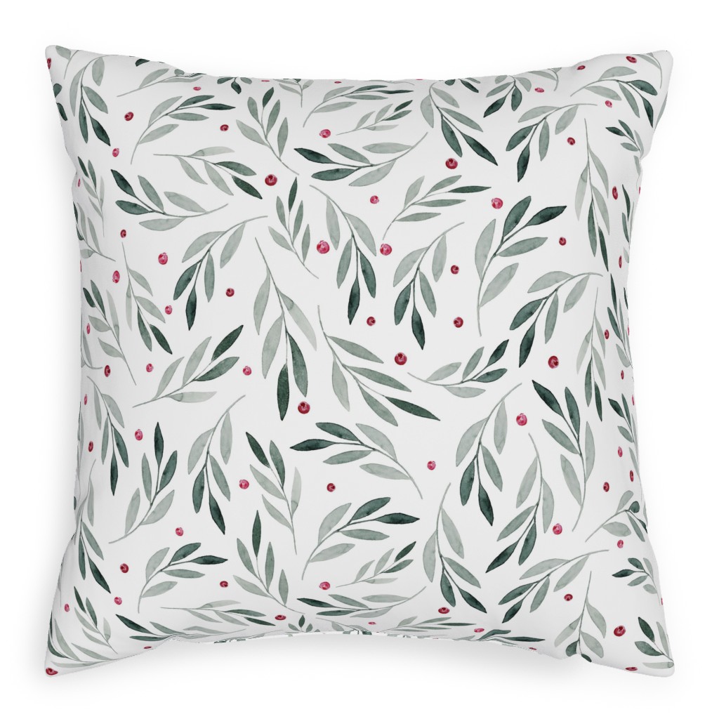 Festive Christmas Green Leaves & Red Berries Pillow, Woven, White, 20x20, Double Sided, White