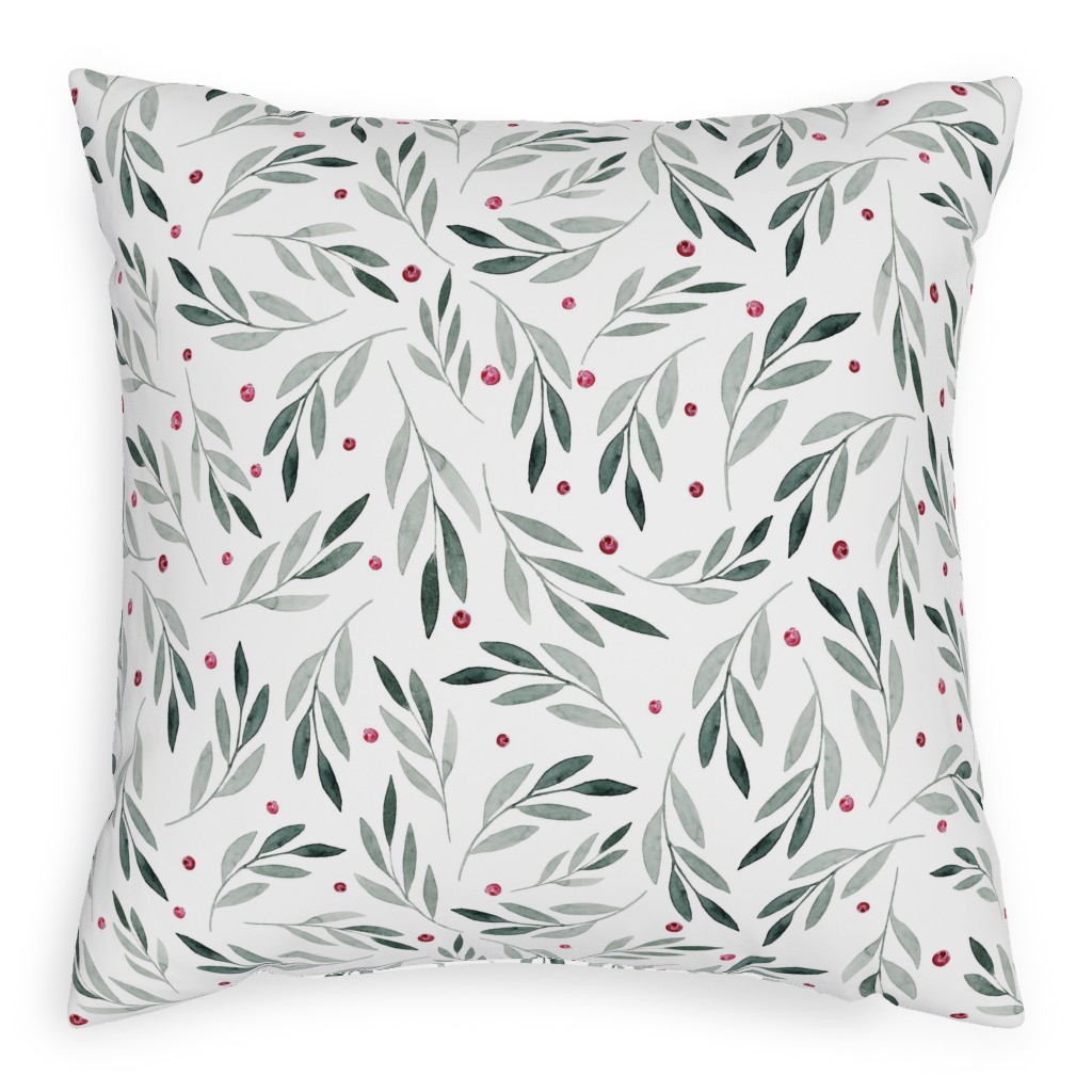 Festive Christmas Green Leaves & Red Berries Pillow, Woven, White, 20x20, Double Sided, White, White