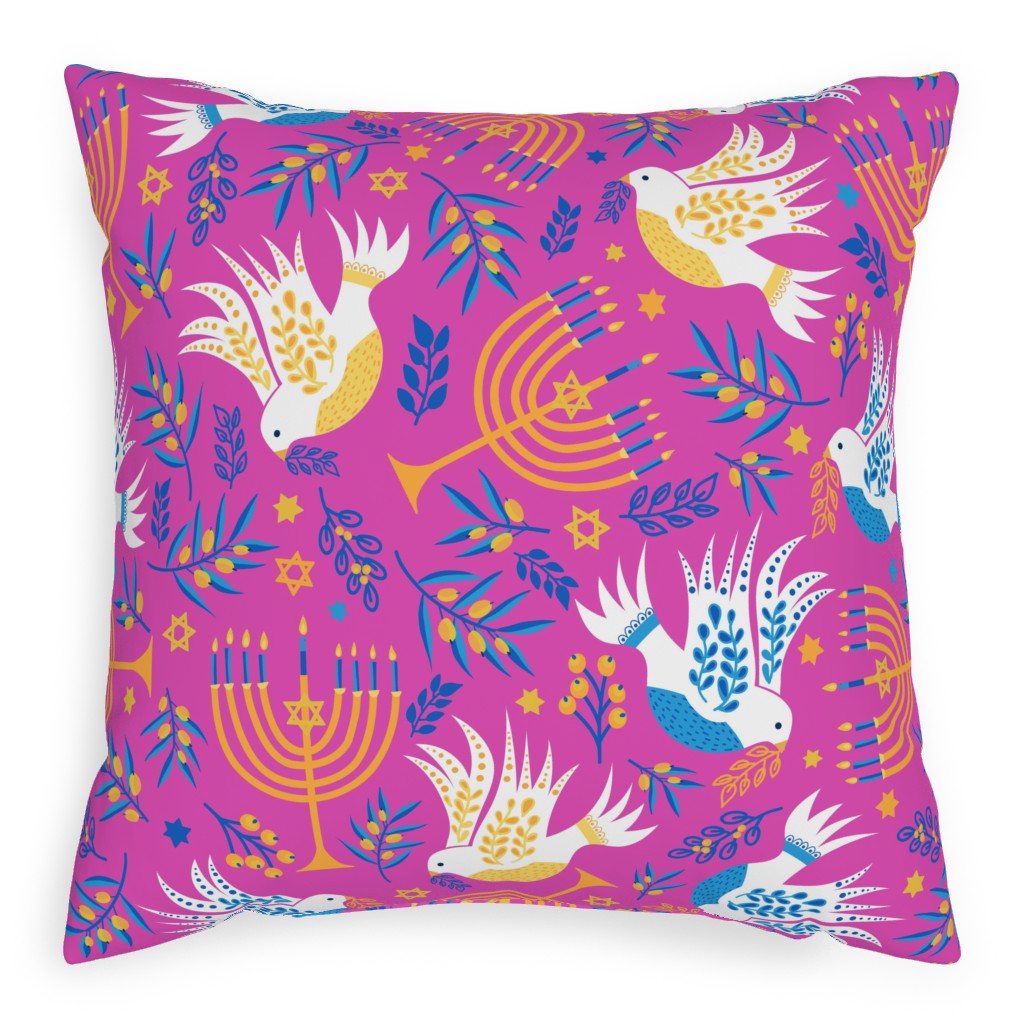Hanukkah Birds Menorahs Pillow, Woven, White, 20x20, Double Sided, Pink, Pink Lady