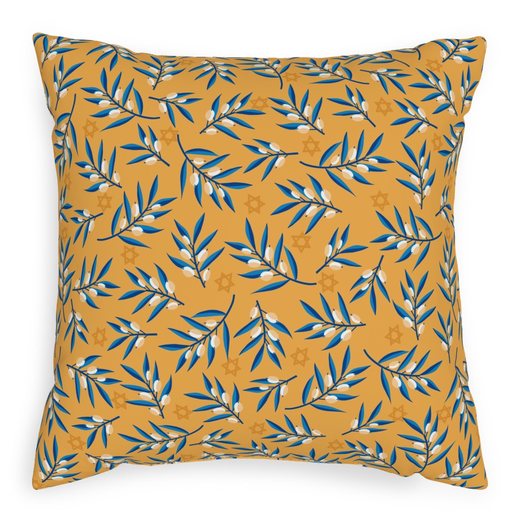 Olive Branches Hanukkah - Blue on Yellow Pillow, Woven, White, 20x20, Double Sided, Yellow