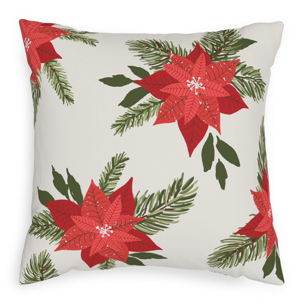 Poinsettia Christmas Flower Pillow, Woven, White, 20x20, Double Sided, Beige