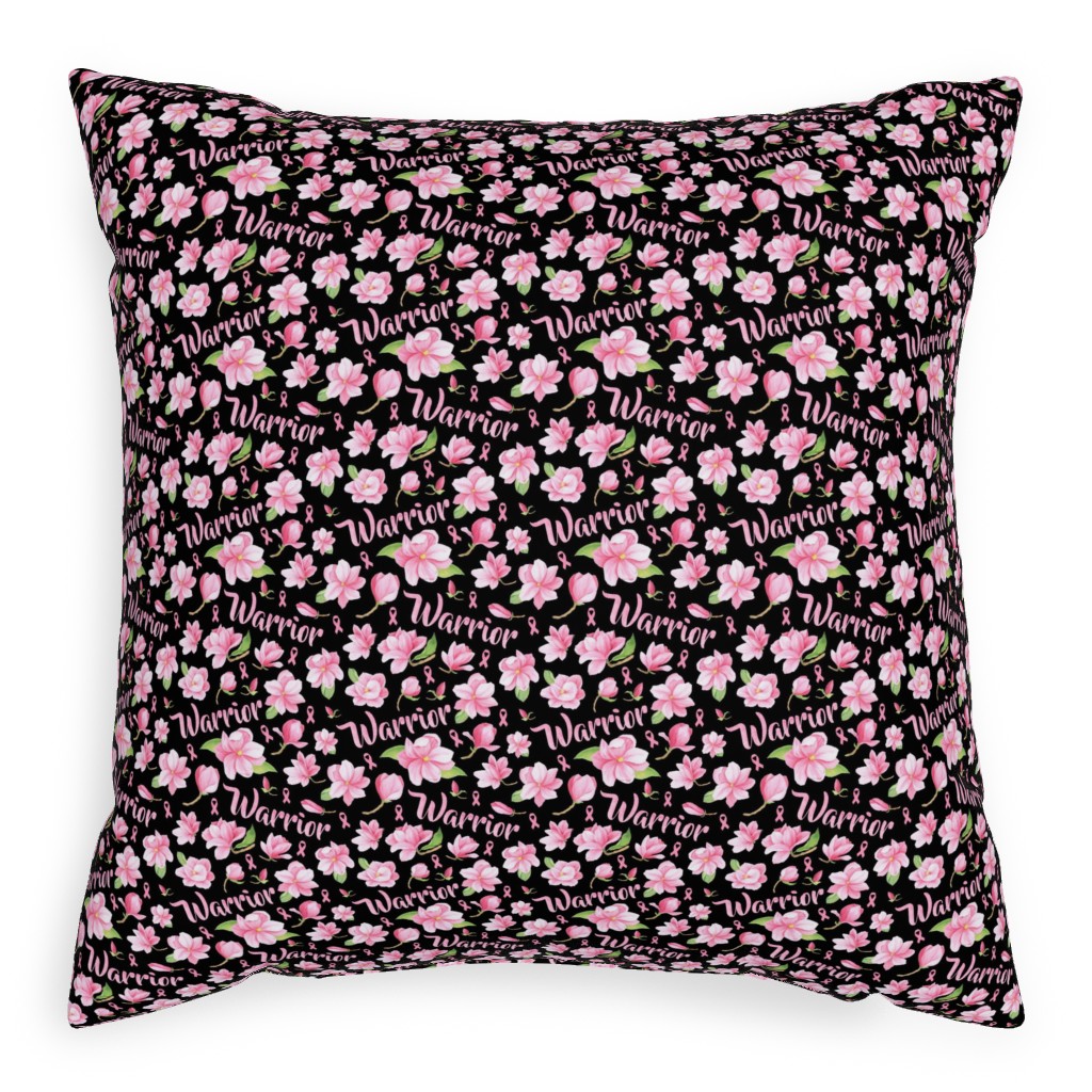 Warrior Pink Ribbon and Flowers - Pink Pillow, Woven, White, 20x20, Double Sided, Pink