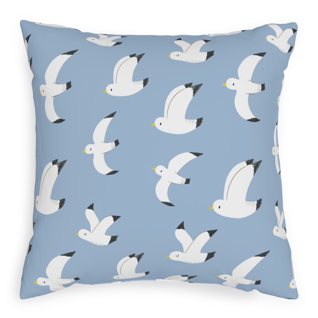 Seagulls in Flight - White on Blue Pillow, Woven, White, 20x20, Double Sided, Blue