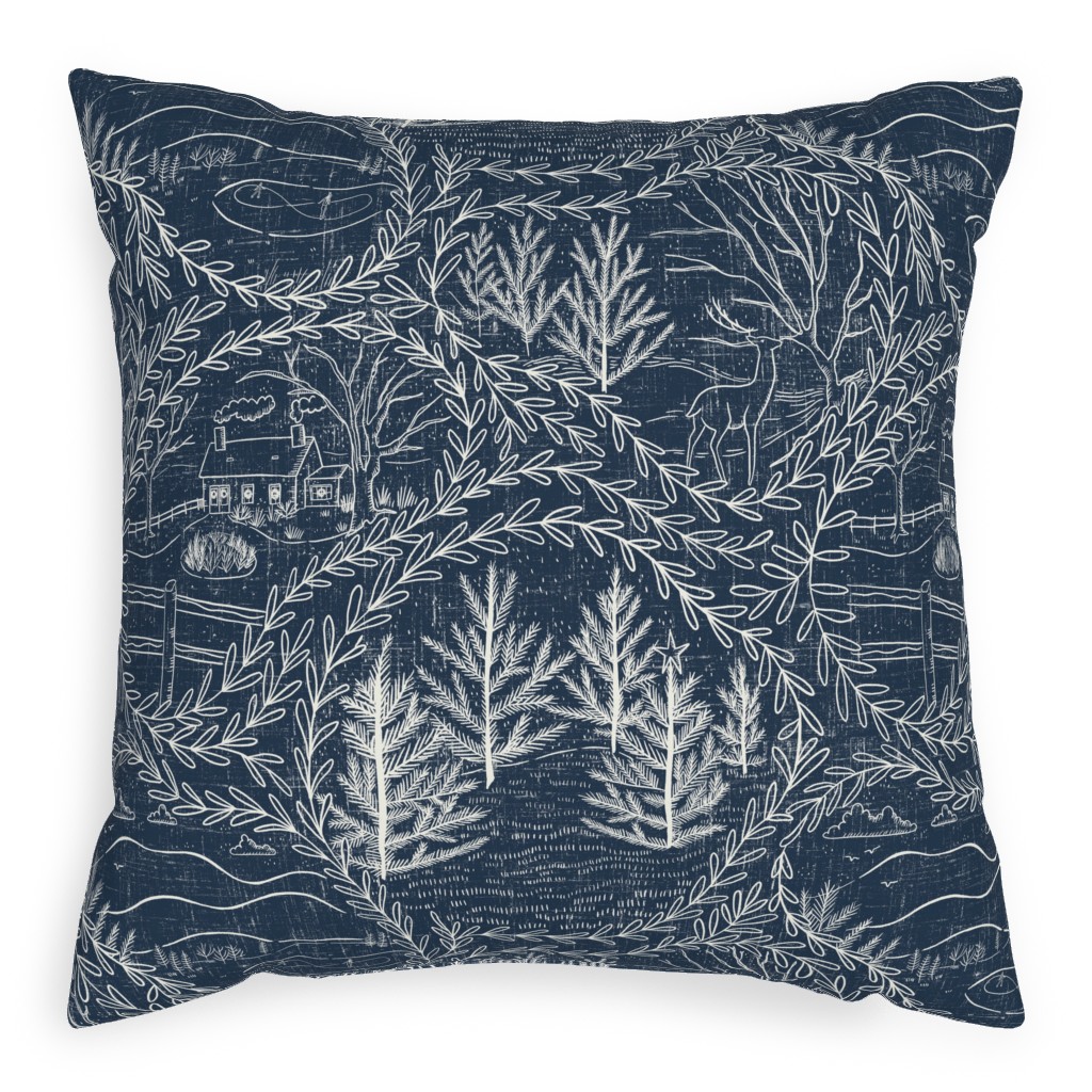 Winter Holiday Toile - Navy Pillow, Woven, White, 20x20, Double Sided, Blue, True Blue