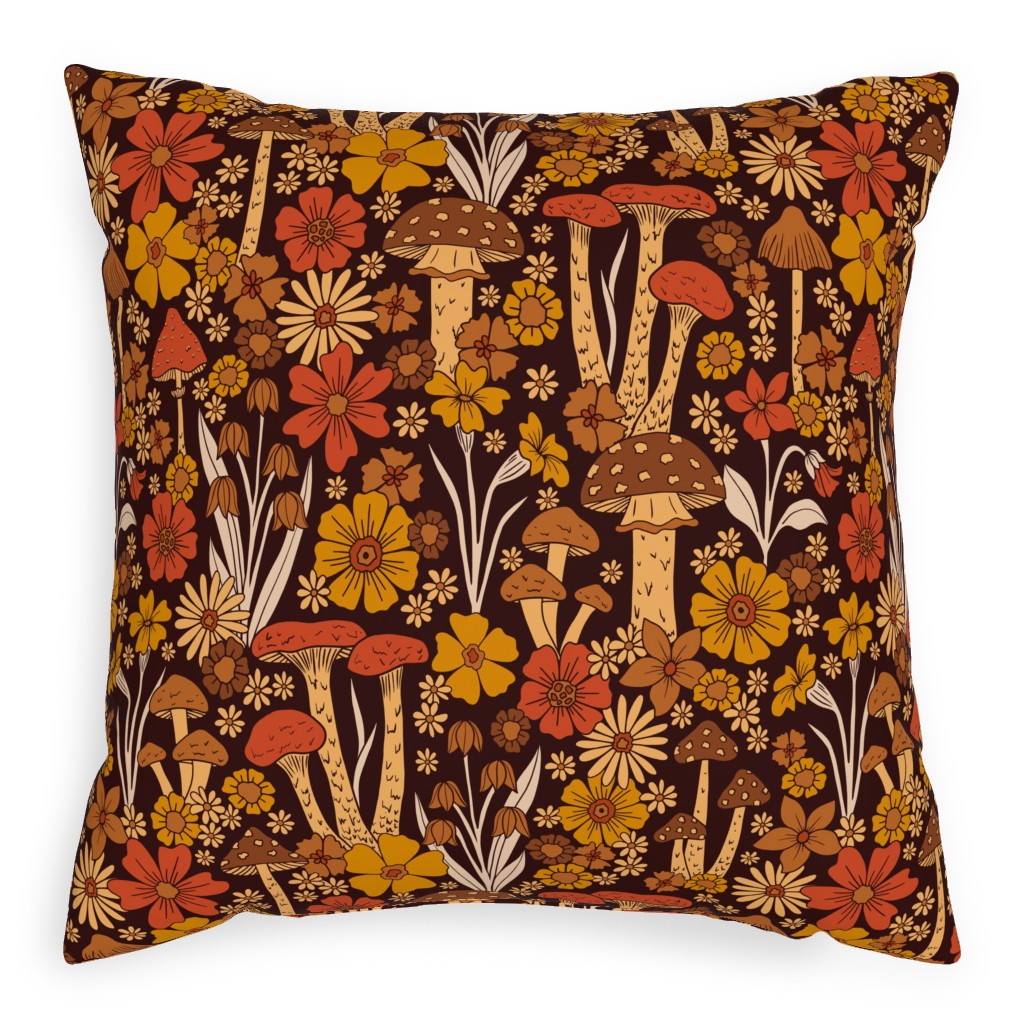 Retro 1970s Mushroom & Flowers - Brown and Orange Pillow, Woven, White, 20x20, Double Sided, Orange, Orange