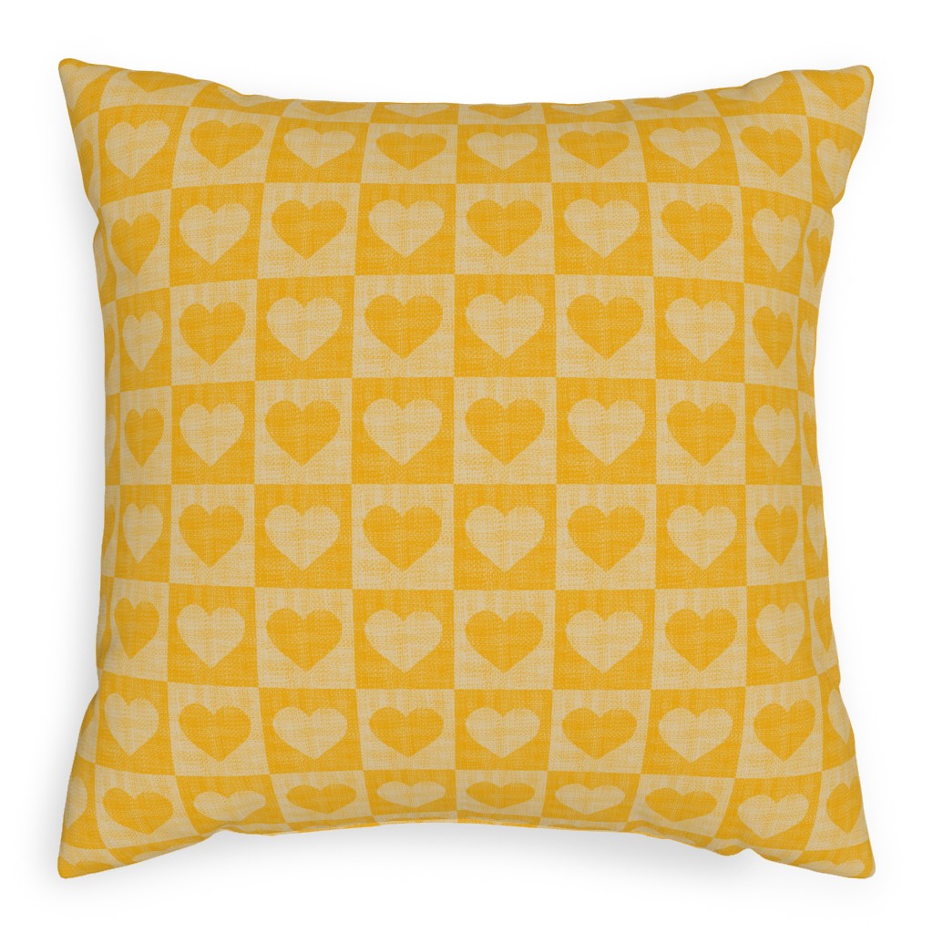 Love Hearts Check - Yellow Pillow, Woven, White, 20x20, Double Sided, Yellow
