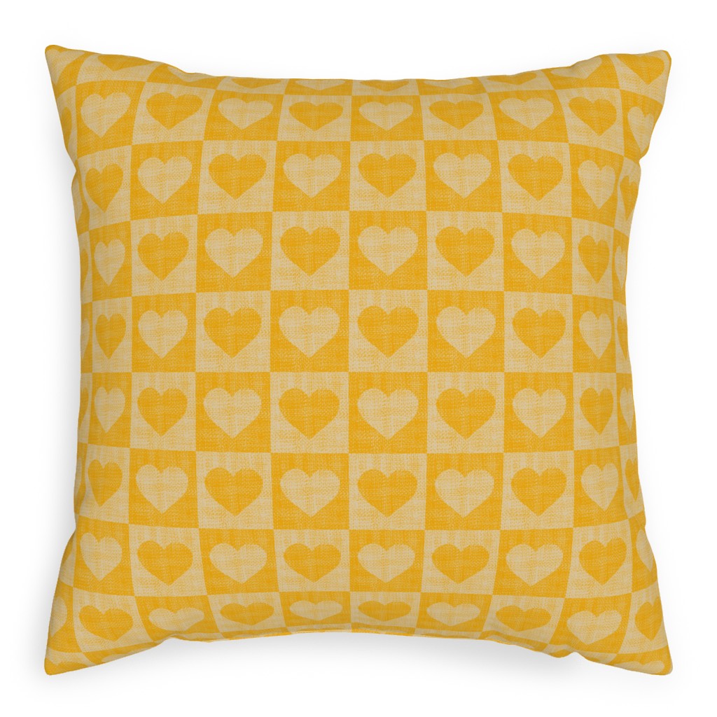 Love Hearts Check - Yellow Pillow, Woven, White, 20x20, Double Sided, Yellow, Classic Yellow