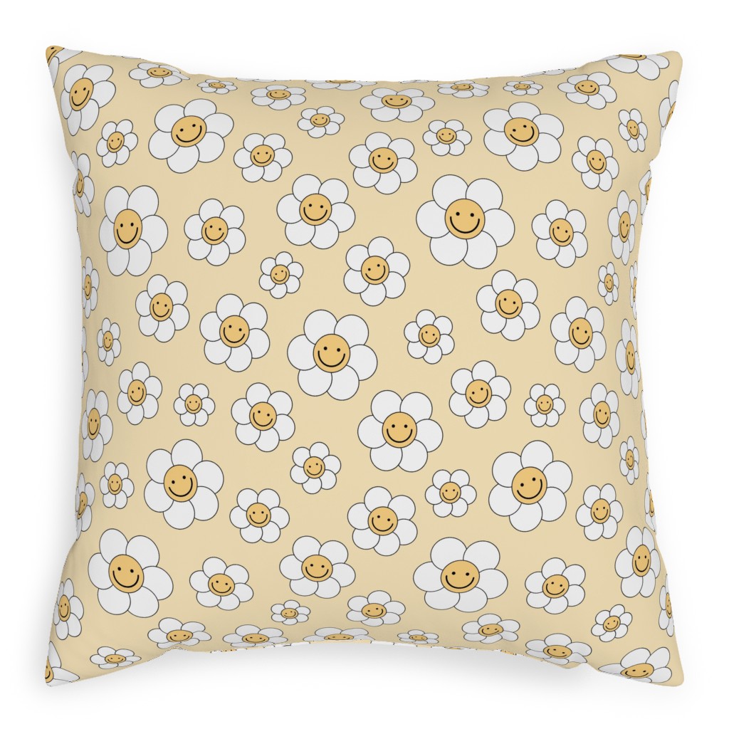 Sweet Smiling Daisies Pillow, Woven, White, 20x20, Double Sided, Yellow, Champagne
