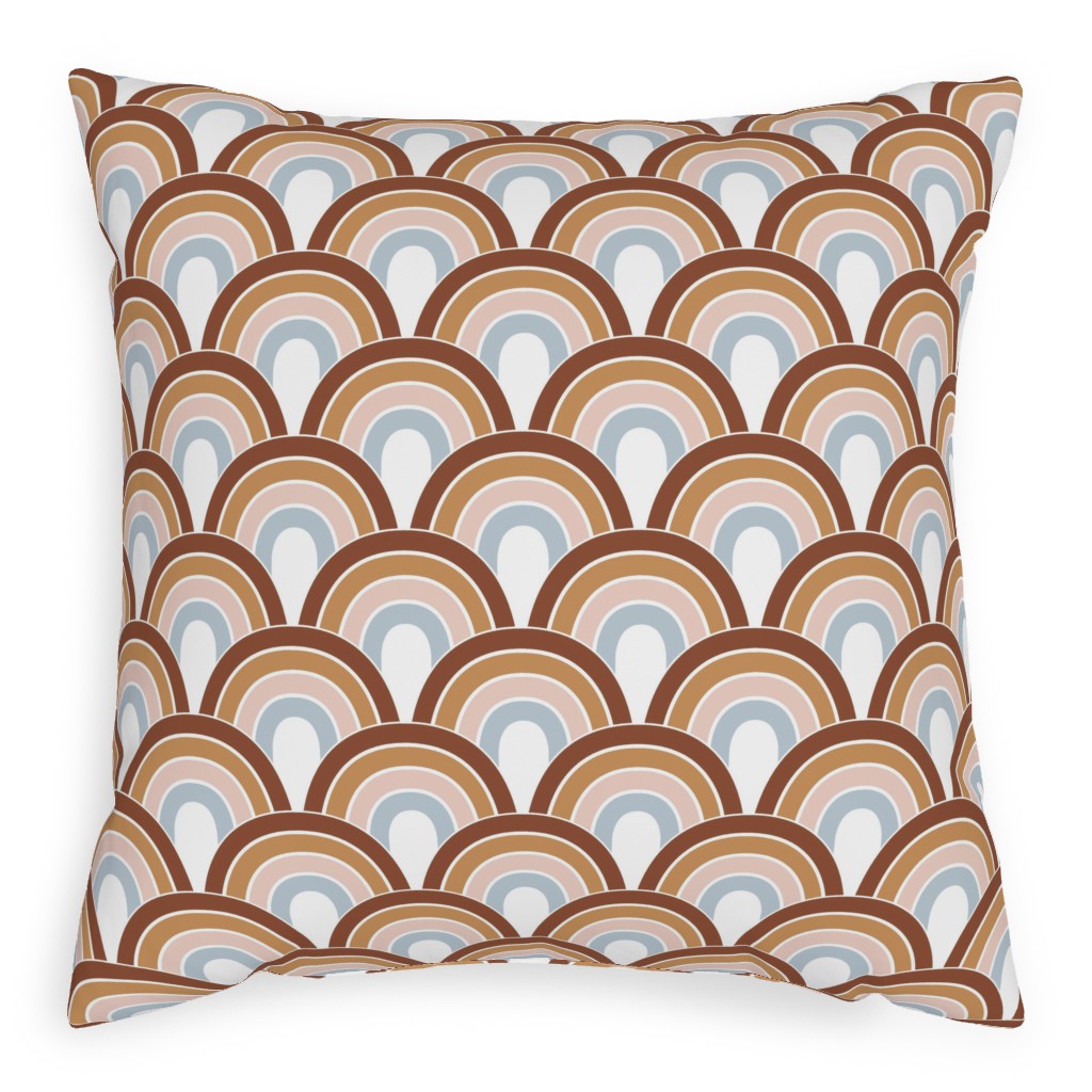 Retro Rainbow Waves - Scales and Curves - Rust Beige Blush Blue on White Pillow, Woven, White, 20x20, Double Sided, Orange