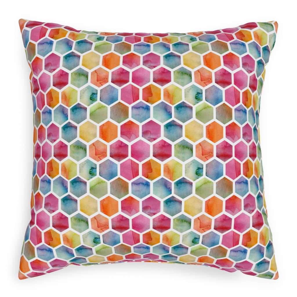 Watercolour Hexagons - Multi Pillow, Woven, White, 20x20, Double Sided, Multicolor