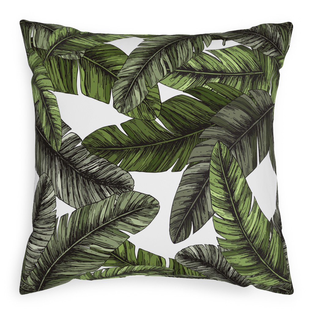 Tropical Palm Leaves - Green Pillow, Woven, White, 20x20, Double Sided, Green