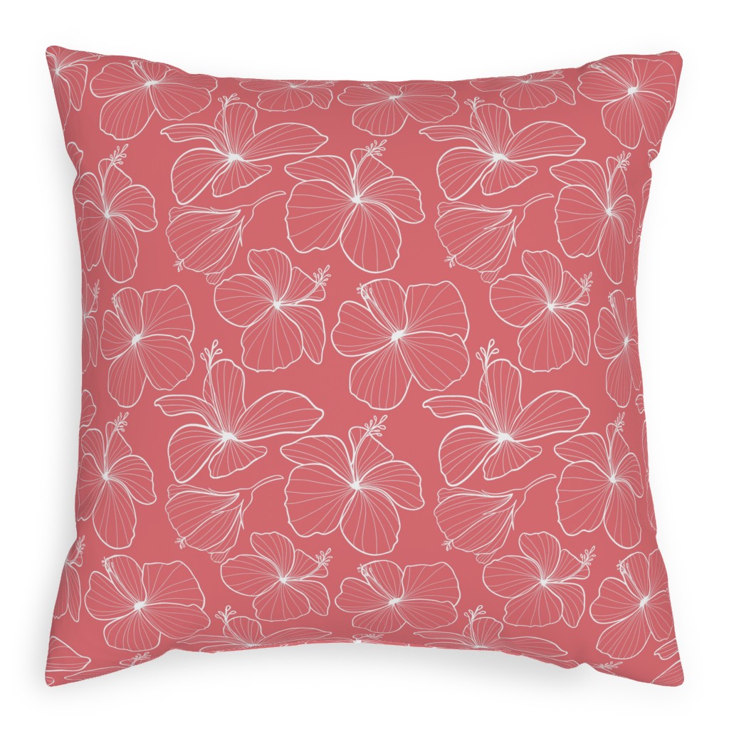 Hibiscus Line Art - Pink Pillow, Woven, White, 20x20, Double Sided, Pink, Bright Pink