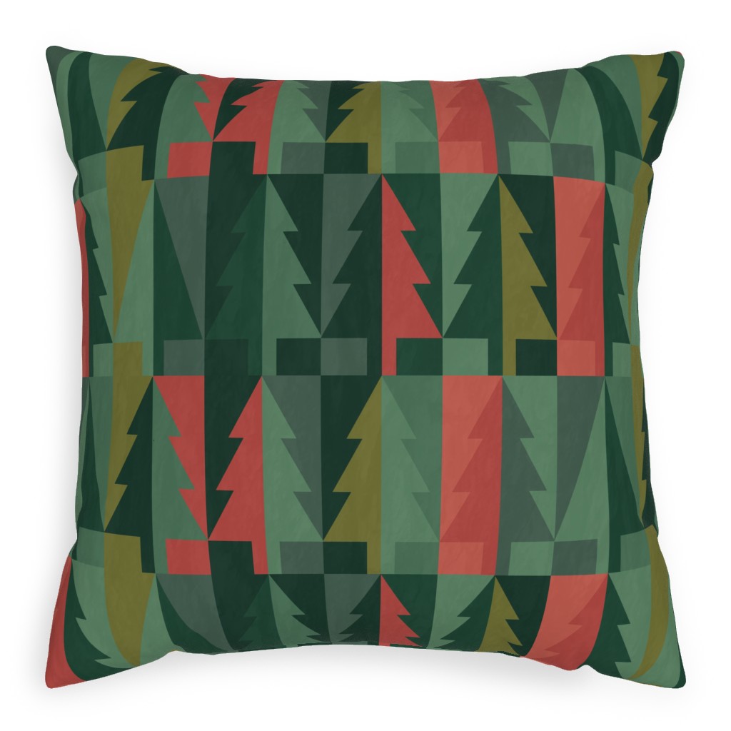 Geometric Forest - Red and Green Pillow, Woven, White, 20x20, Double Sided, Green