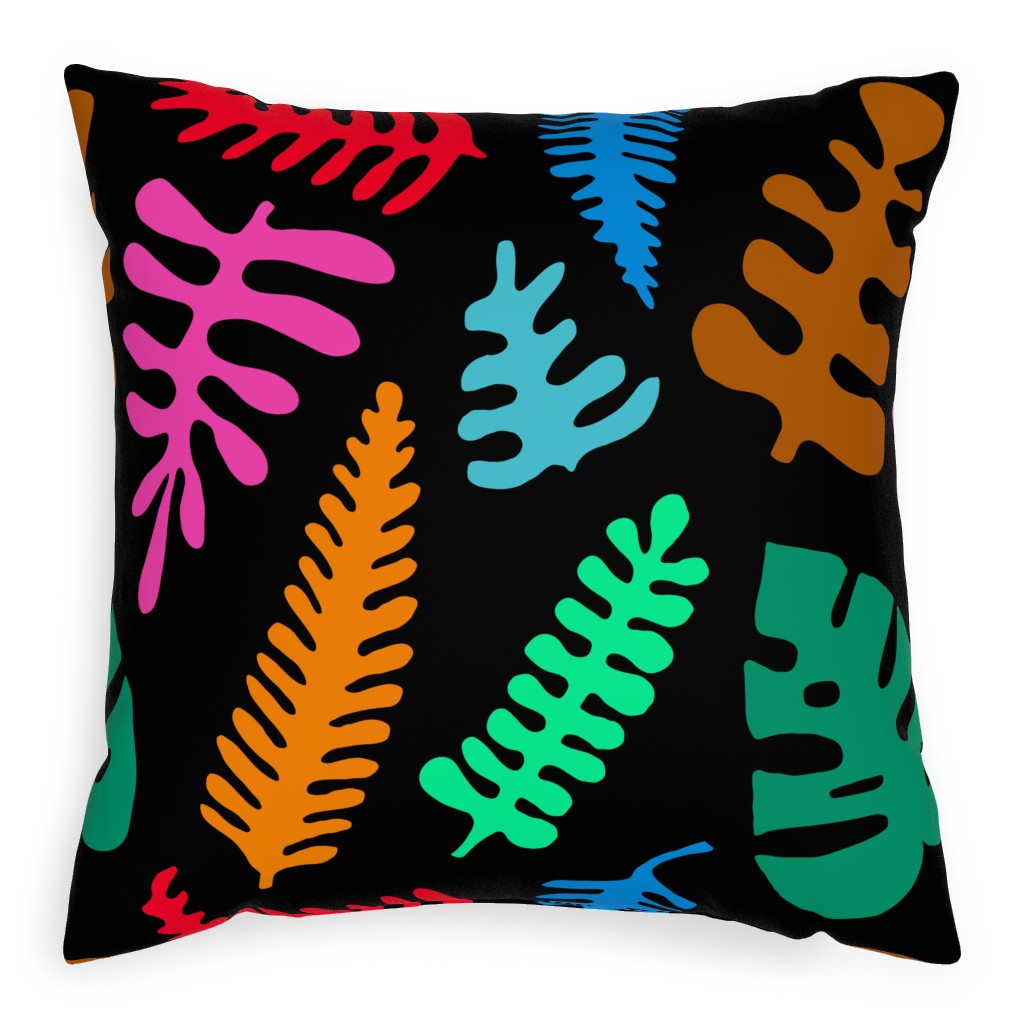 Mod Minimalist Leaves - Multi on Black Pillow, Woven, White, 20x20, Double Sided, Multicolor