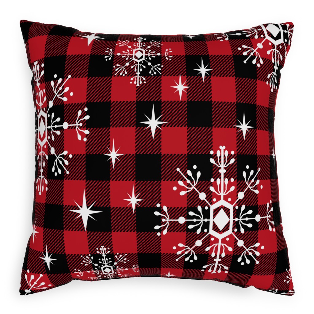 Buffalo Plaid Snowflakes Pillow, Woven, White, 20x20, Double Sided, Red