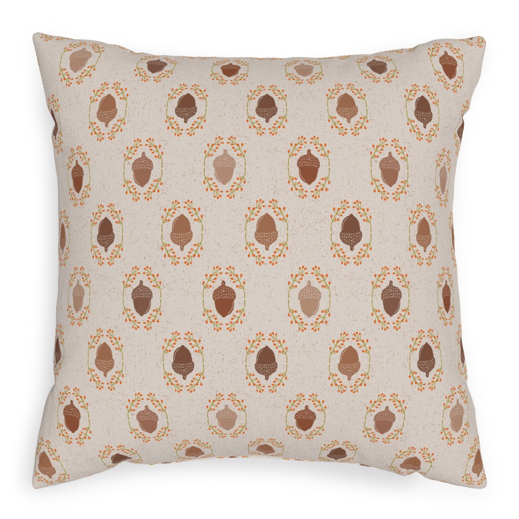 Autumn Acorn Rosehip Textured Damask Pillow, Woven, White, 20x20, Double Sided, Beige