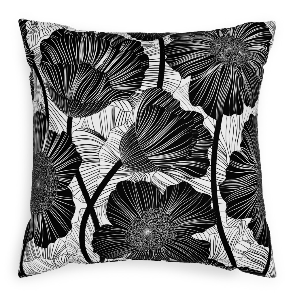 Mid Century Modern Floral - Black and White Pillow, Woven, White, 20x20, Double Sided, Black