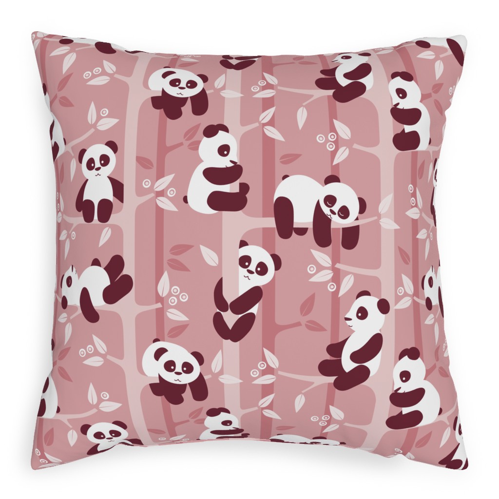 Pandas and Bamboo Pillow, Woven, White, 20x20, Double Sided, Pink