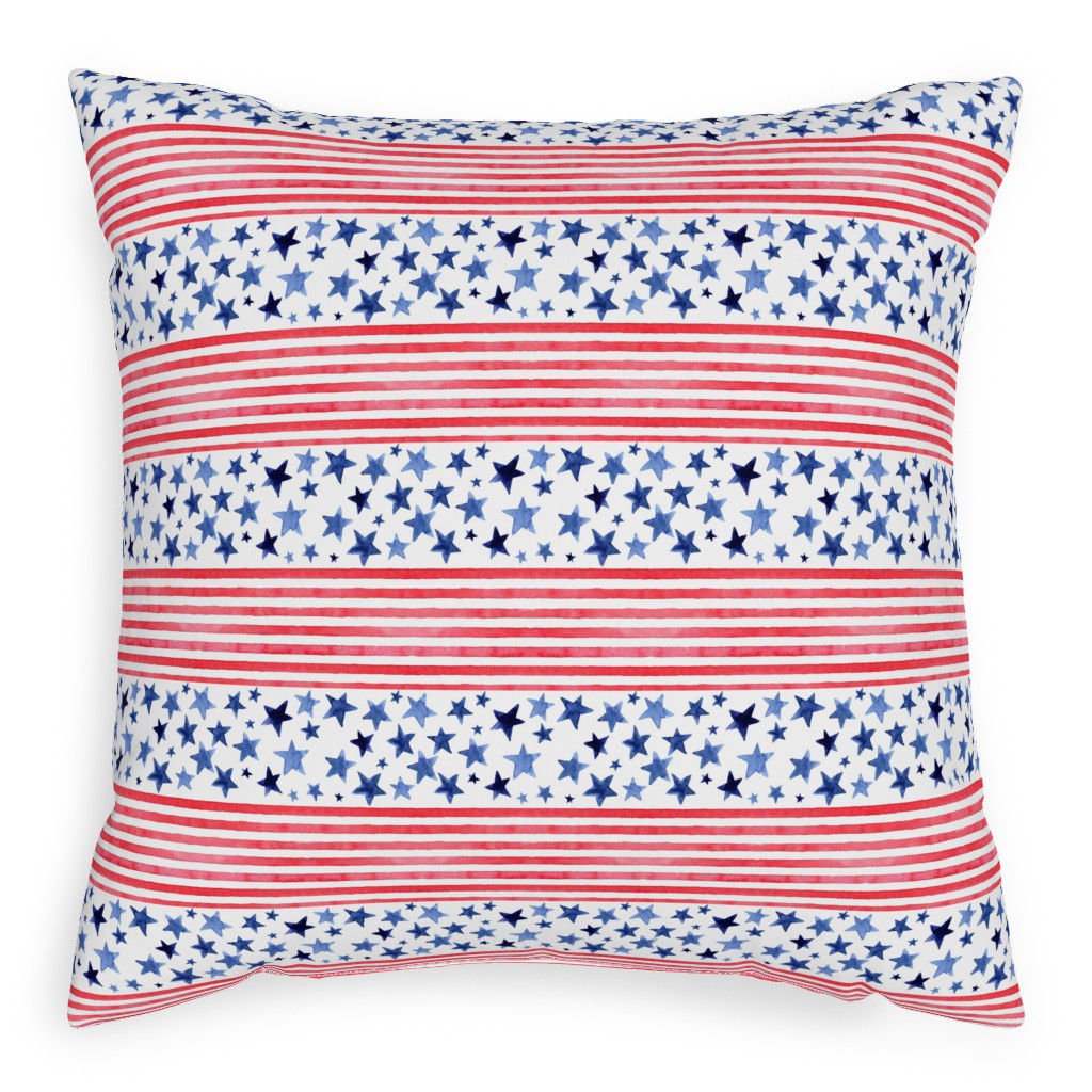 Watercolor Stars and Stripes - Red White and Blue Pillow, Woven, White, 20x20, Double Sided, Red, Red
