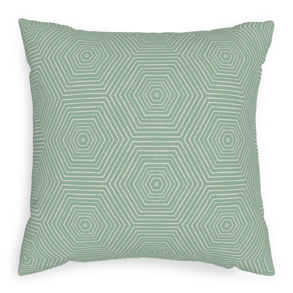 Concentric Hexagons Pillow, Woven, White, 20x20, Double Sided, Green