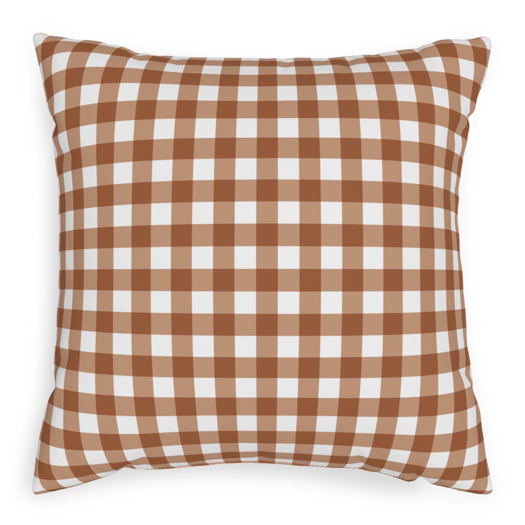Gingham Plaid Check Pillow, Woven, White, 20x20, Double Sided, Brown, Toast
