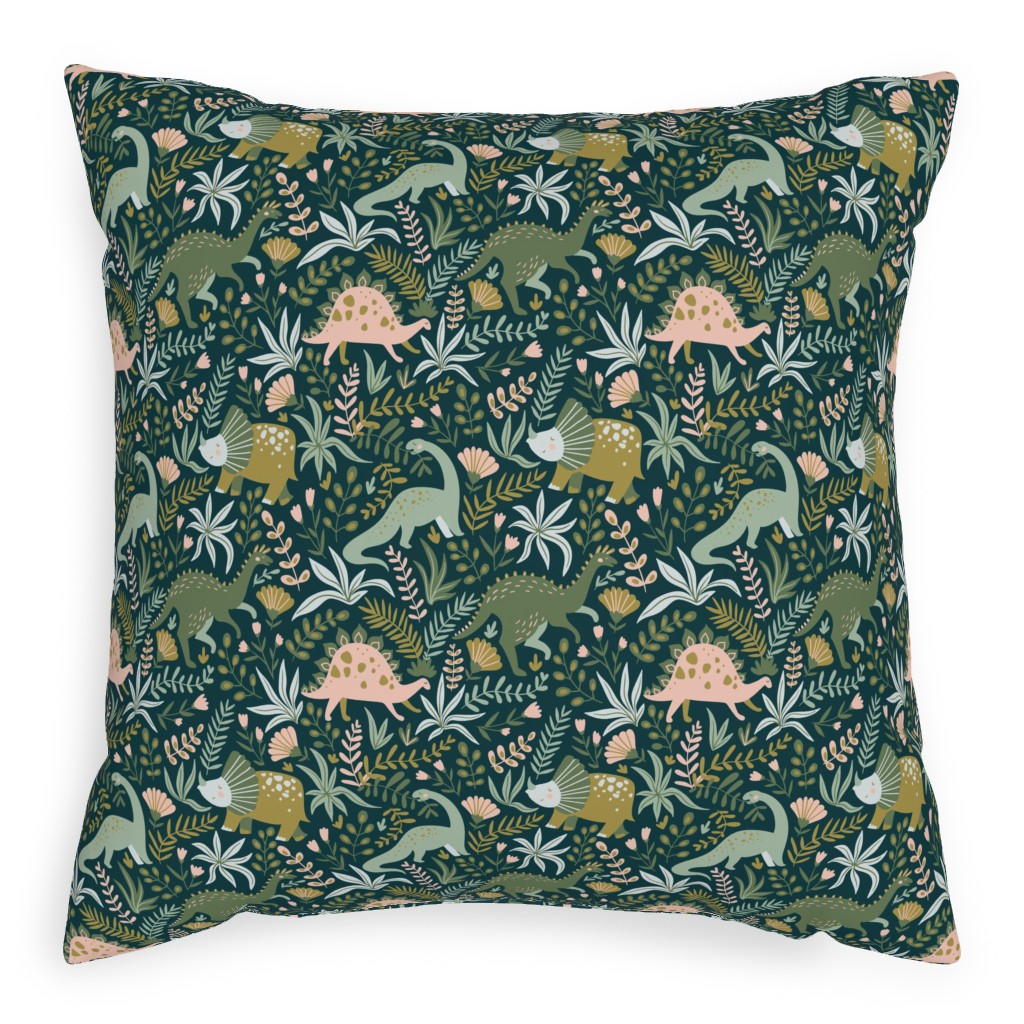Dino - Green Pillow, Woven, White, 20x20, Double Sided, Green