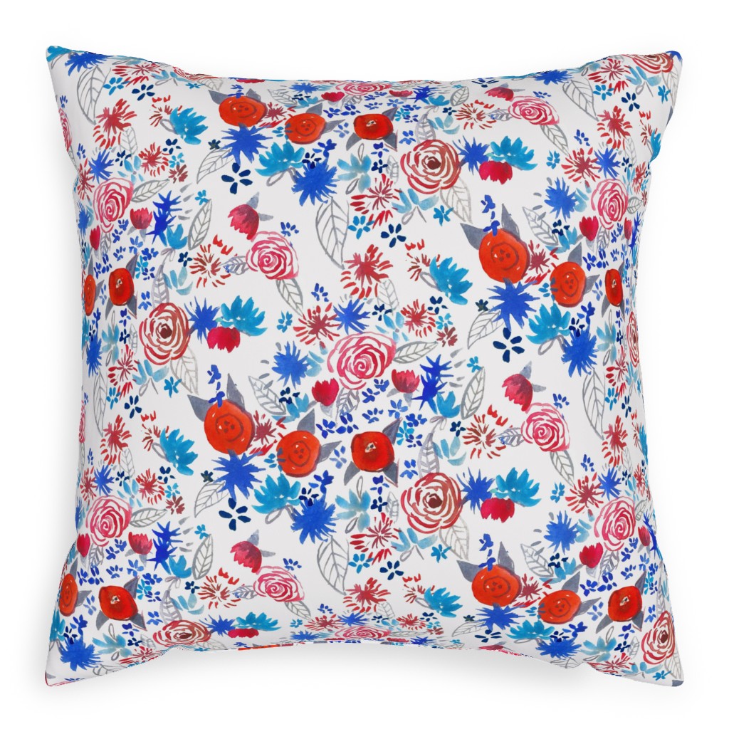 Patriotic Watercolor Floral - Red White and Blue Pillow, Woven, White, 20x20, Double Sided, Multicolor