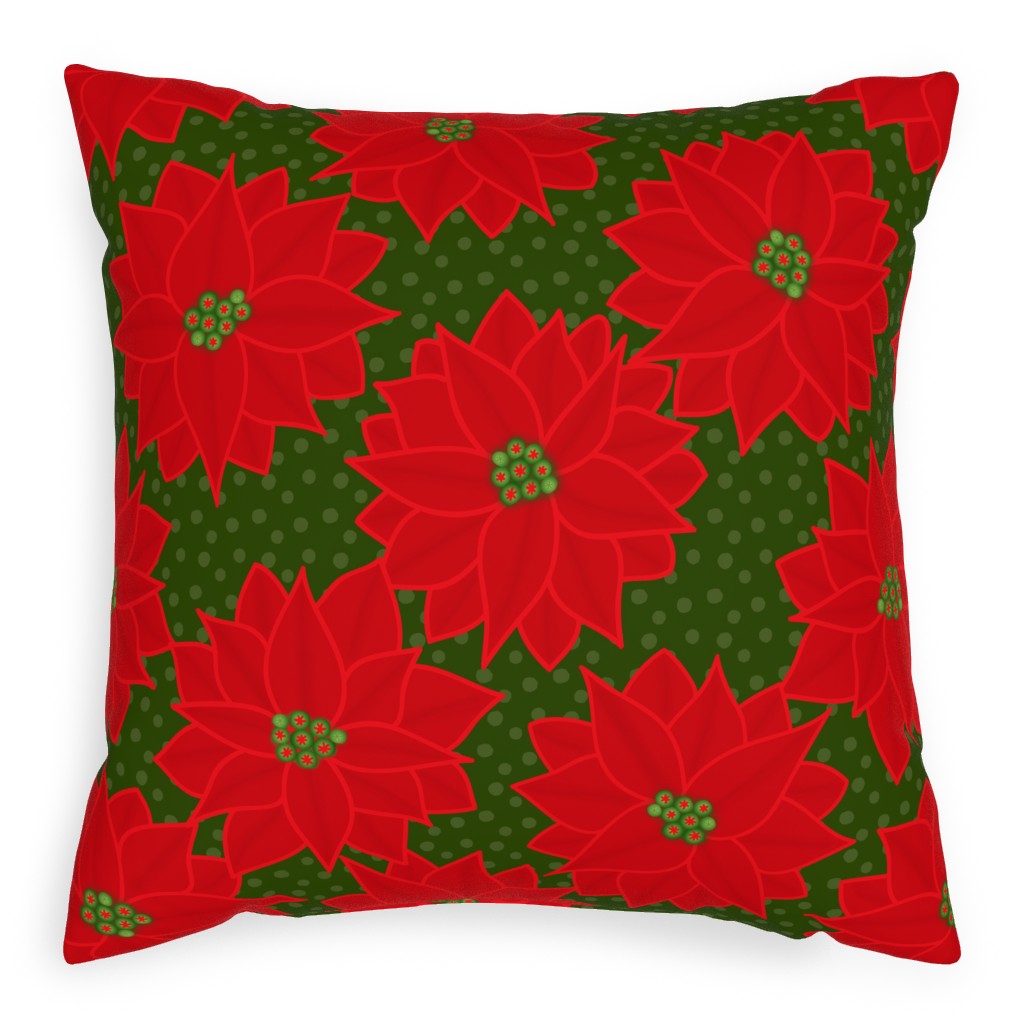 Christmas Poinsettia on Green Pillow, Woven, White, 20x20, Double Sided, Red