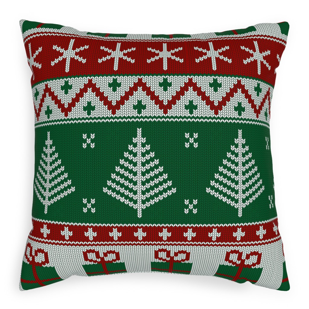 Christmas Knit - Green Pillow, Woven, White, 20x20, Double Sided, Multicolor