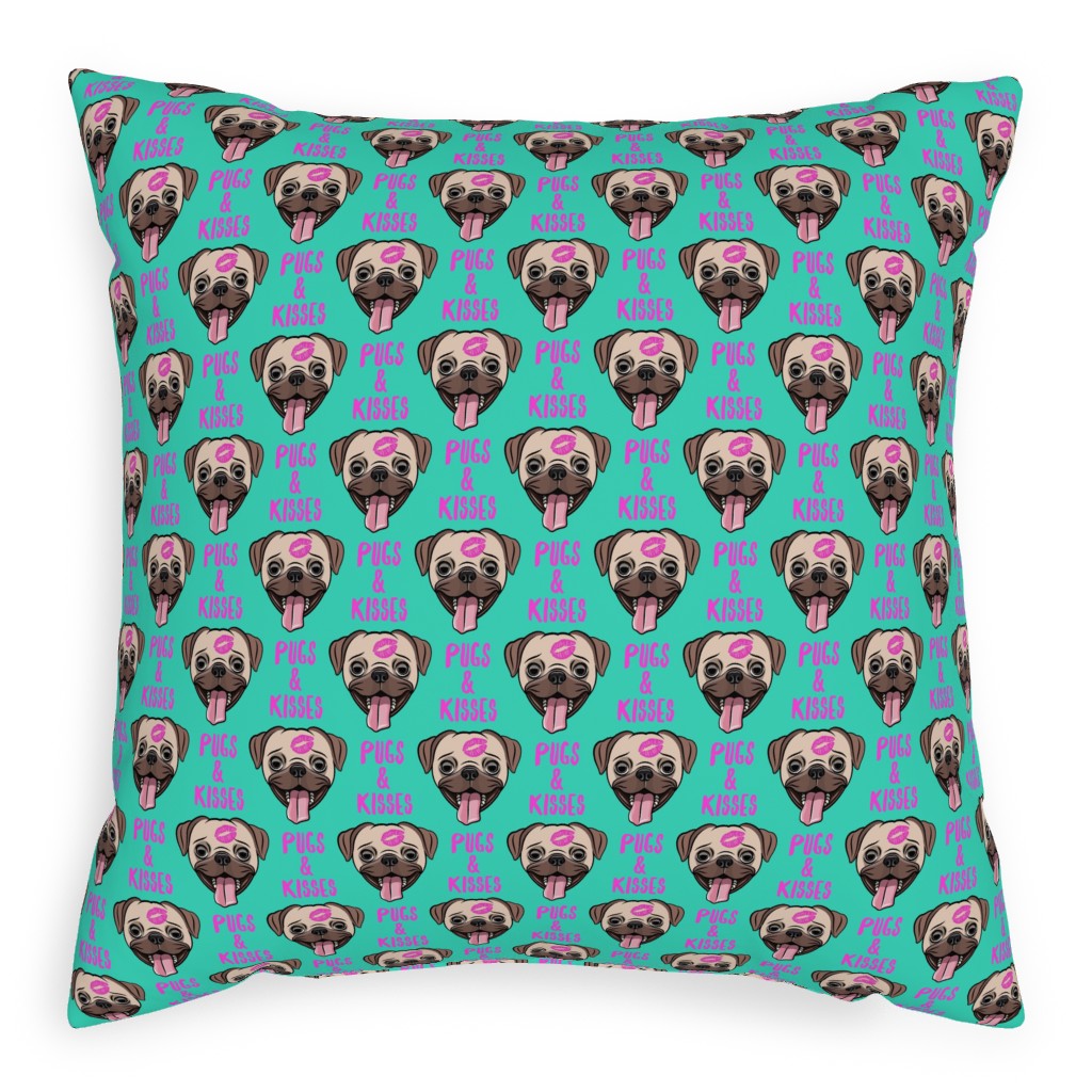 Pugs & Kisses - Cute Pug Dog - Teal Pillow, Woven, White, 20x20, Double Sided, Green