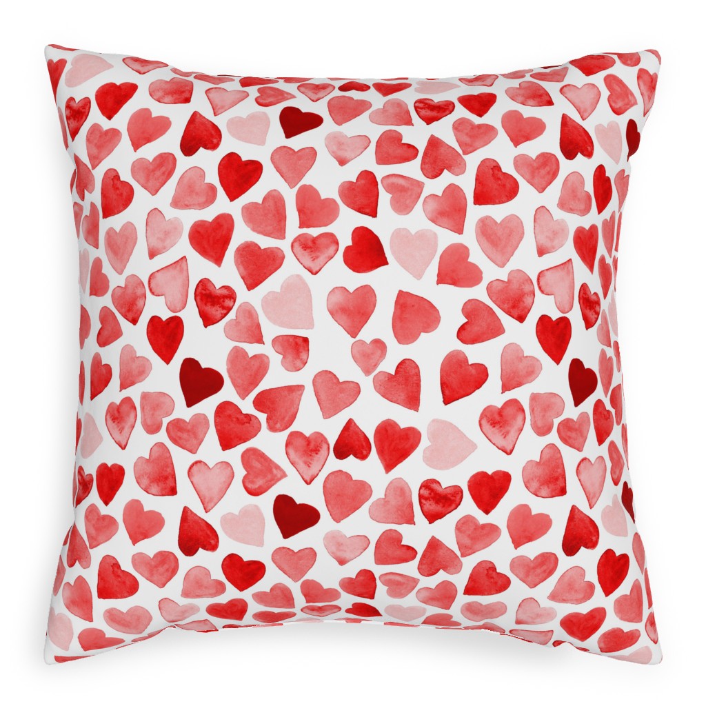 Red Hearts Watercolor - Red Pillow, Woven, White, 20x20, Double Sided, Red, Red