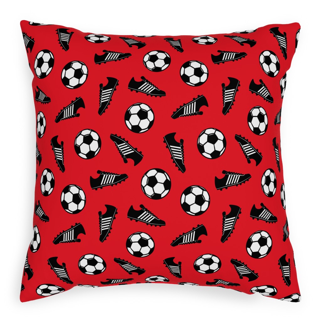 Soccer Balls and Cleats Pillow, Woven, White, 20x20, Double Sided, Red, Radish