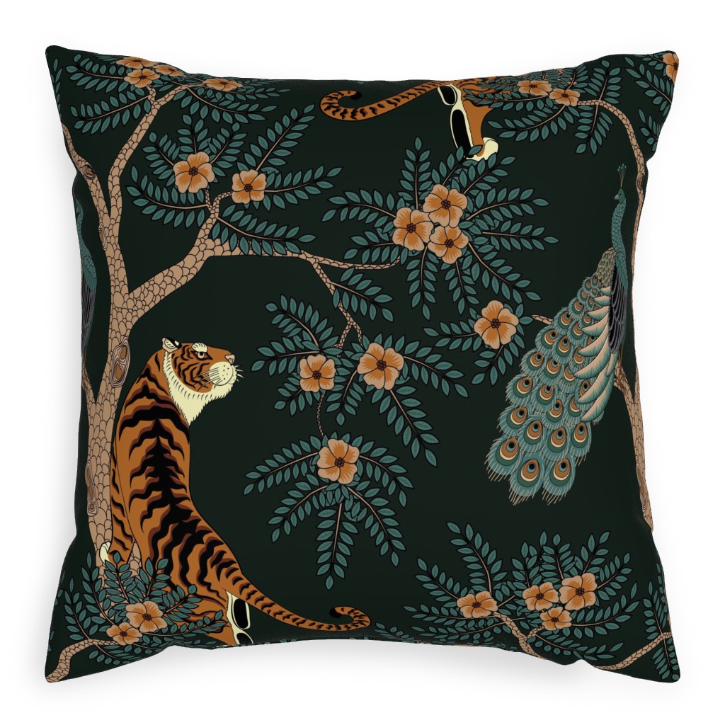 Tiger and Peacock on Black Pillow, Woven, White, 20x20, Double Sided, Black, Black