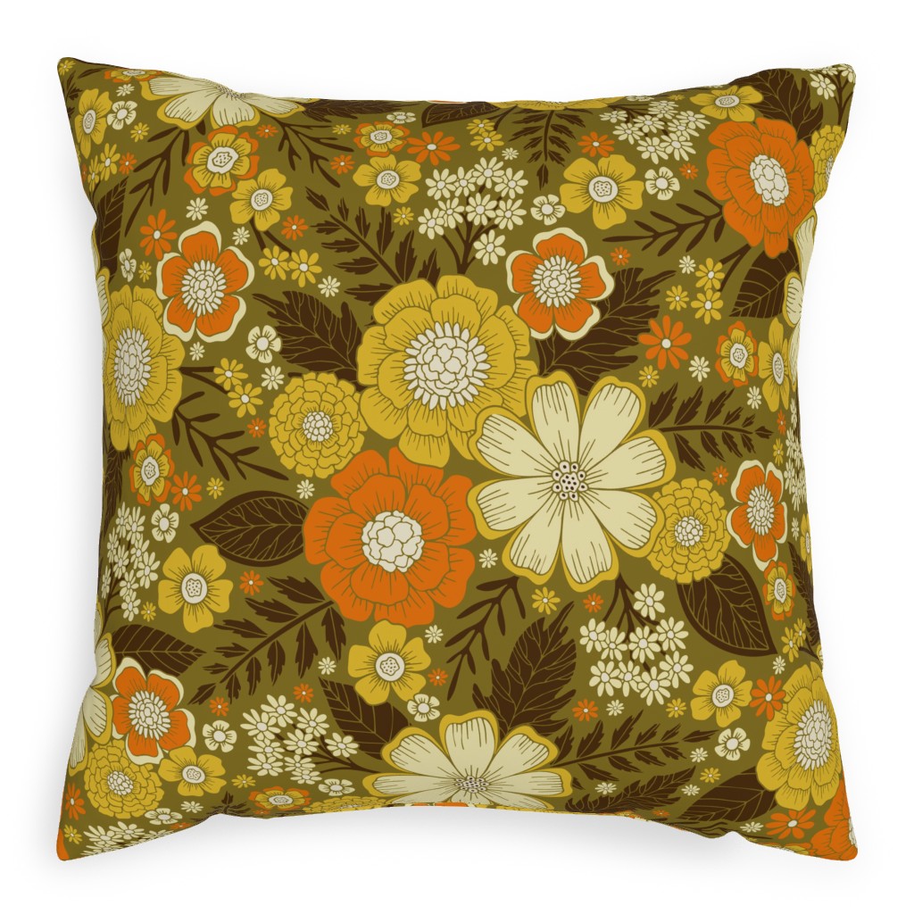 1970s Retro/Vintage Floral - Yellow and Brown Pillow, Woven, White, 20x20, Double Sided, Yellow