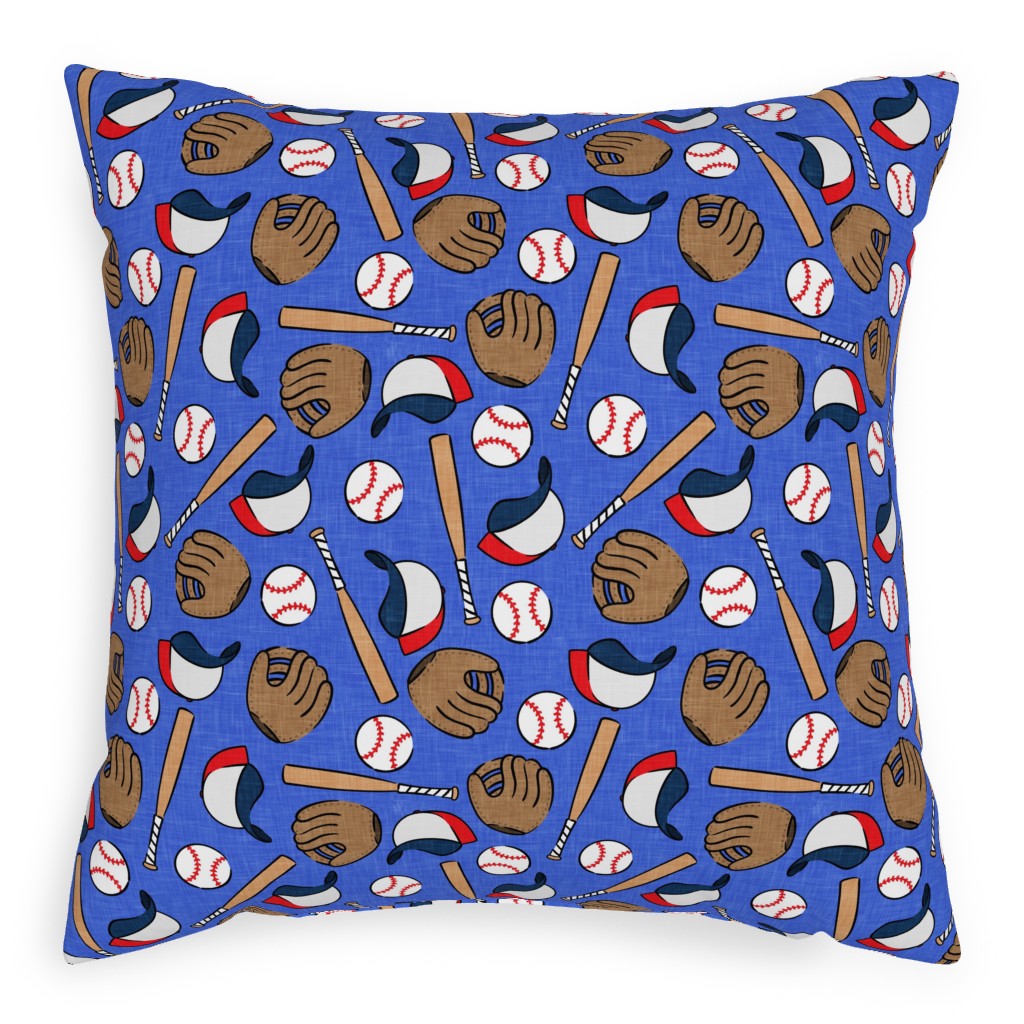 Baseball Bats Mits and Balls Pillow, Woven, White, 20x20, Double Sided, Blue