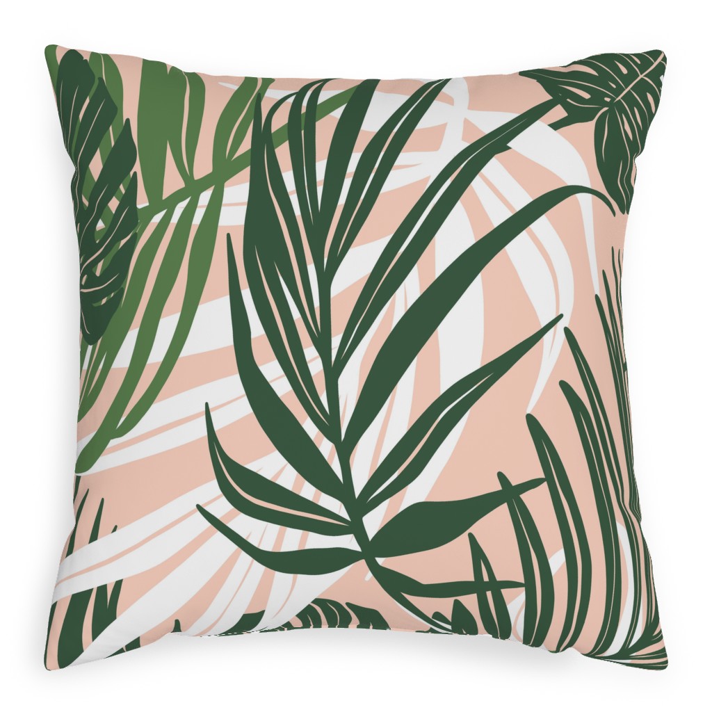 Hideaway Tropical Palm Leaves - Blush Pink Pillow, Woven, White, 20x20, Double Sided, Green, Classic Green