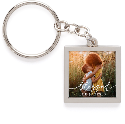 Simple Blessed Script Pewter Key Ring, White, white