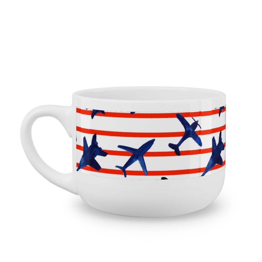 Patriotic Airplanes Watercolor - Blue With Red Stripes Latte Mug, White,  , 25oz, Blue