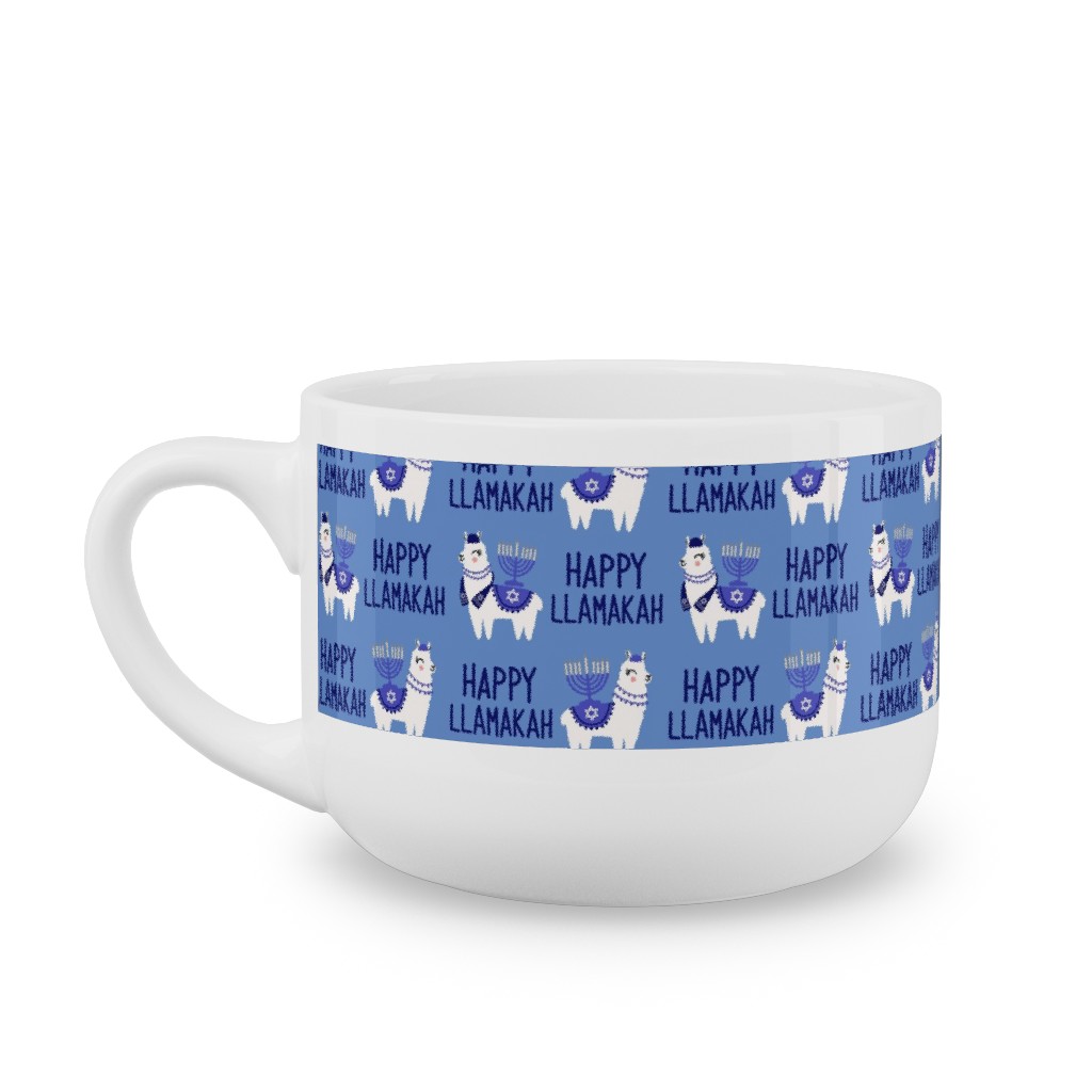 Happy Llamakah - Blue Latte Mug, White,  , 25oz, Blue