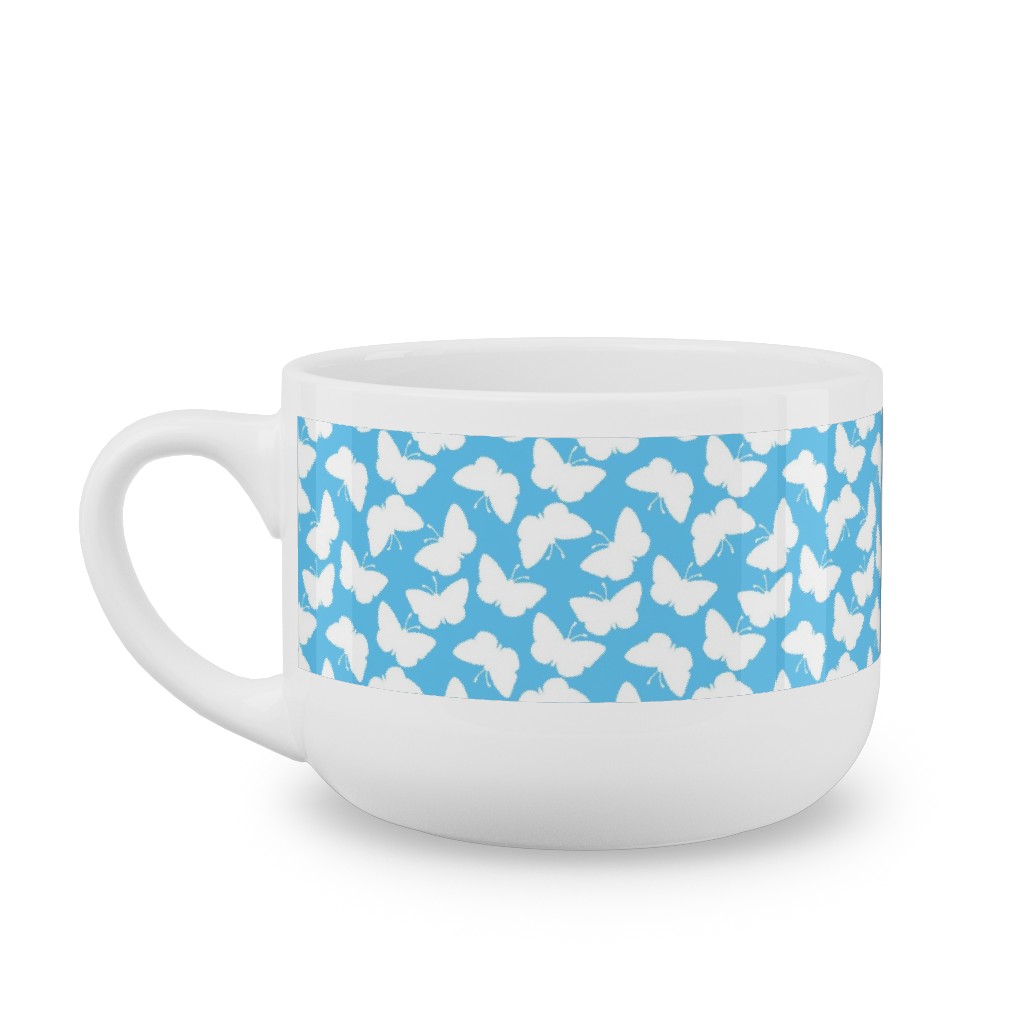 Butterflies - White on Blue Latte Mug, White, , 25oz, Blue, True Blue
