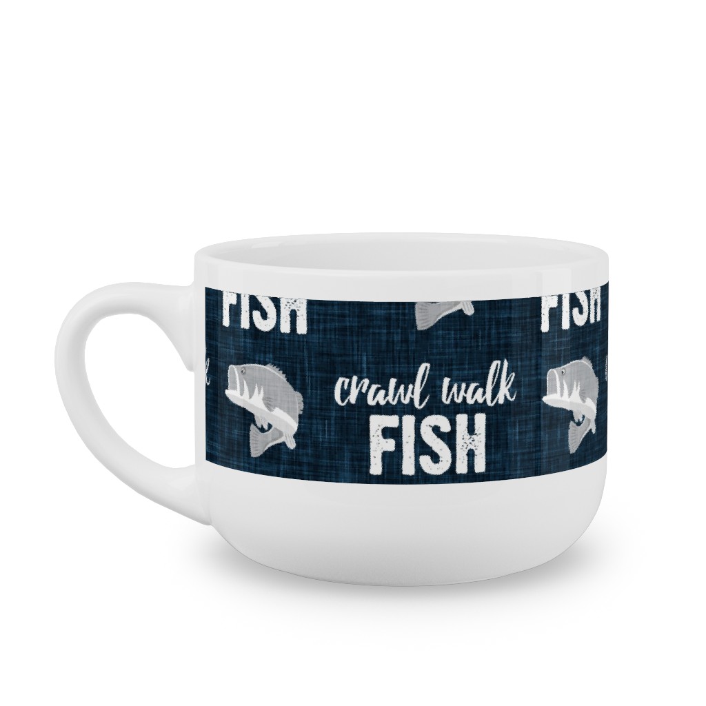 Crawl Walk Fish - Bass Fishing - Navy Blue and Grey Latte Mug, White,  , 25oz, Blue