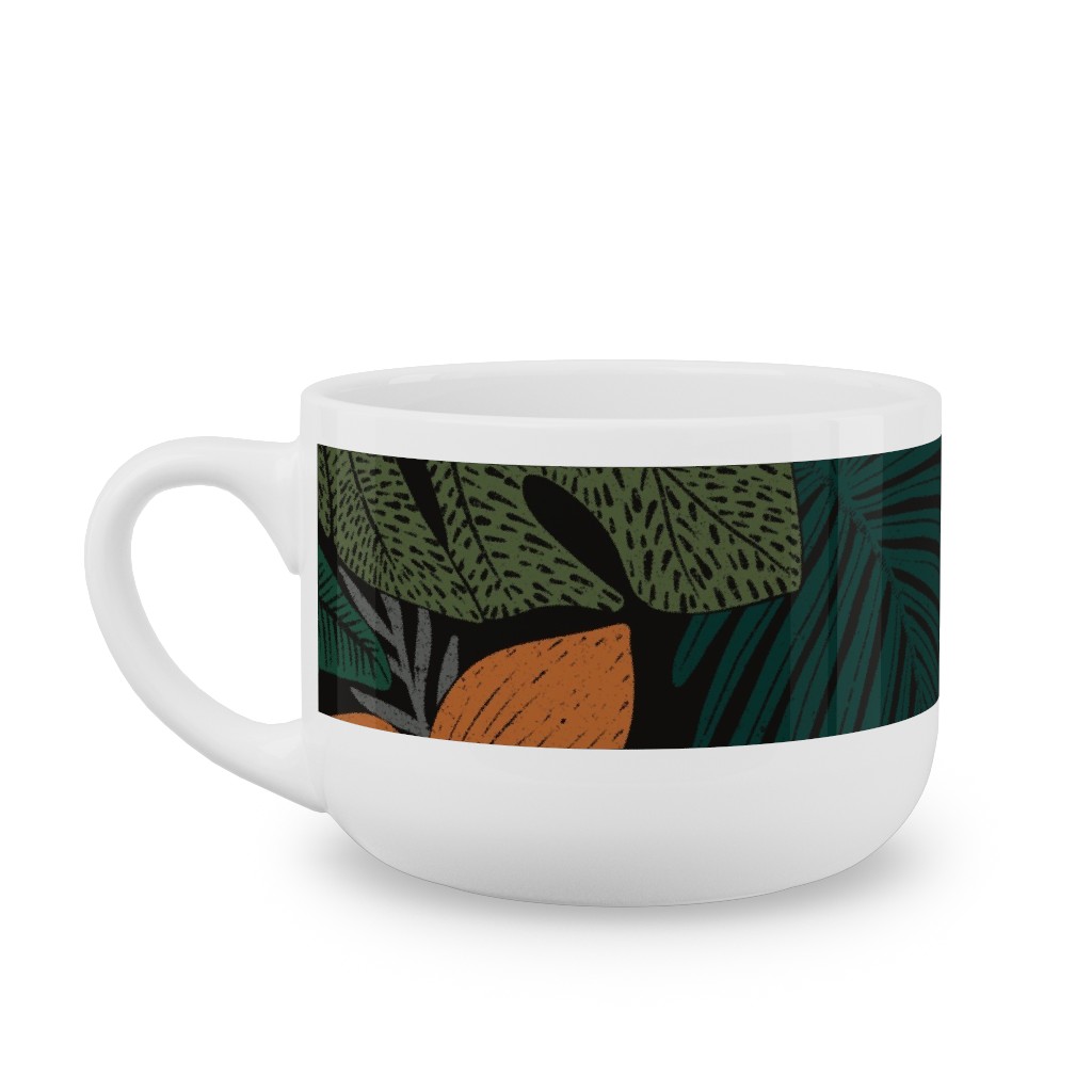 Moody Tropical Floral - Orange on Black Latte Mug, White, , 25oz, Green, Classic Green
