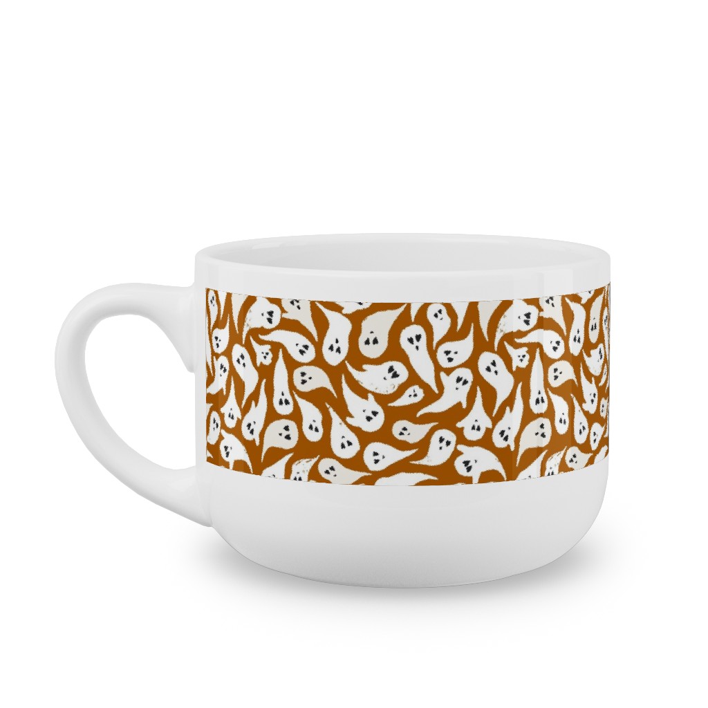 Halloween Ghosts on Dark Burnt Orange Latte Mug, White,  , 25oz, Orange