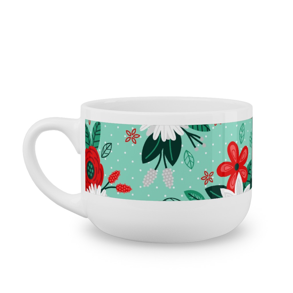 Holiday Floral Bouquet Latte Mug, White, , 25oz, Green, Classic Green