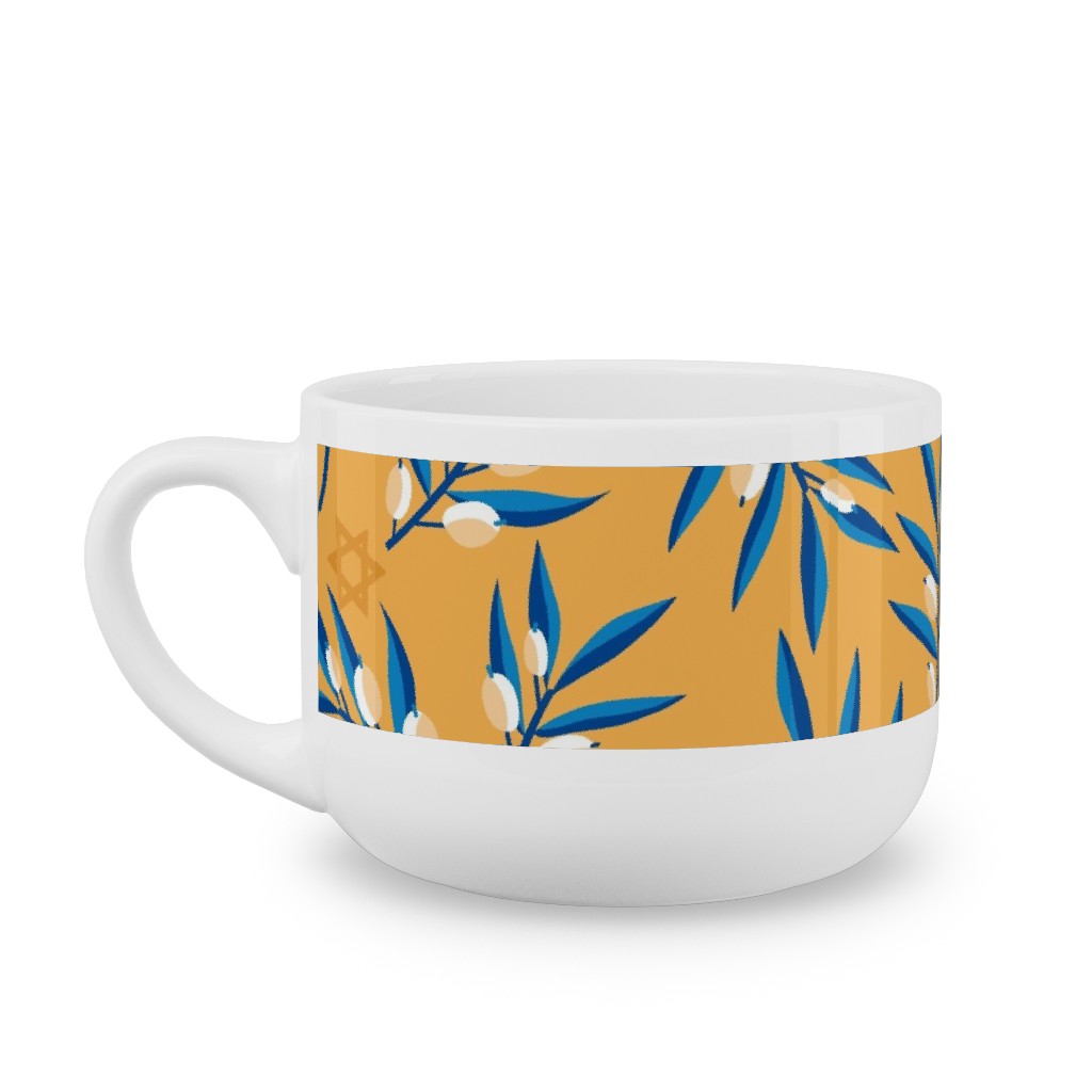 Olive Branches Hanukkah - Blue on Yellow Latte Mug, White, , 25oz, Yellow, Classic Yellow
