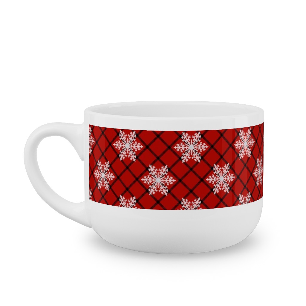 Snowy Winter Diagonal Checker Plaid - Red and Black Latte Mug, White,  , 25oz, Red