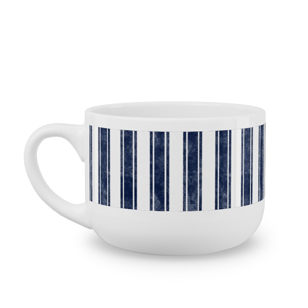 Vertical French Ticking Textured Pinstripes in Dark Midnight Navy and White Latte Mug, White,  , 25oz, Blue