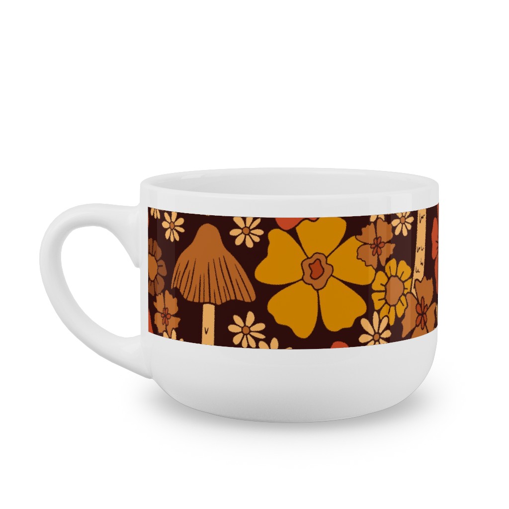 Retro 1970s Mushroom & Flowers - Brown and Orange Latte Mug, White,  , 25oz, Orange