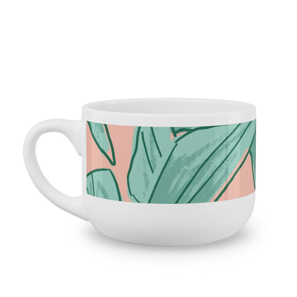 Lush Tropical Leaves - Pink and Mint Latte Mug, White,  , 25oz, Green